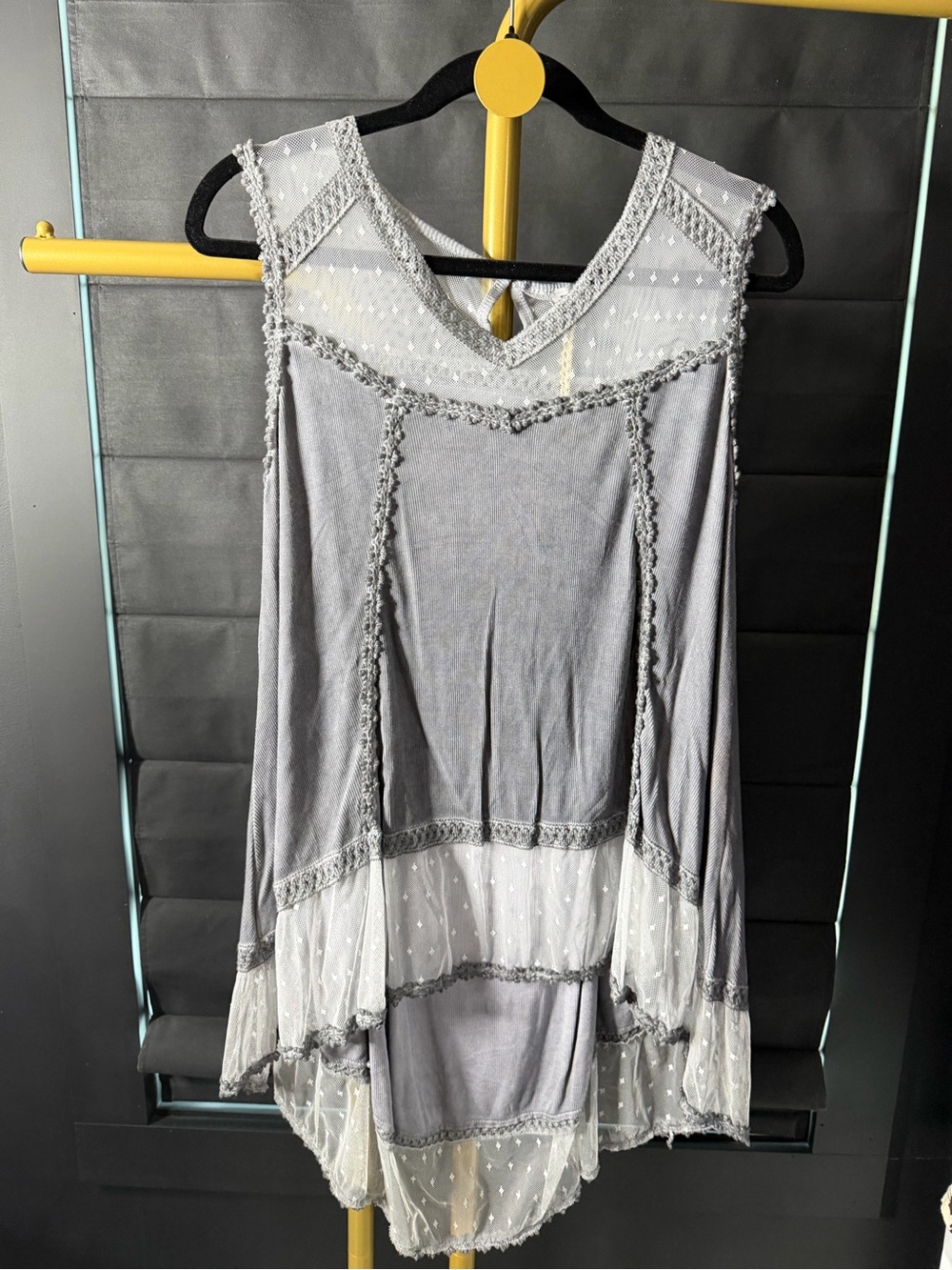 POL Light Gray Crochet-Trim Mesh Top